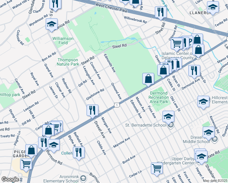 map of restaurants, bars, coffee shops, grocery stores, and more near 22 Ormond Avenue in Havertown