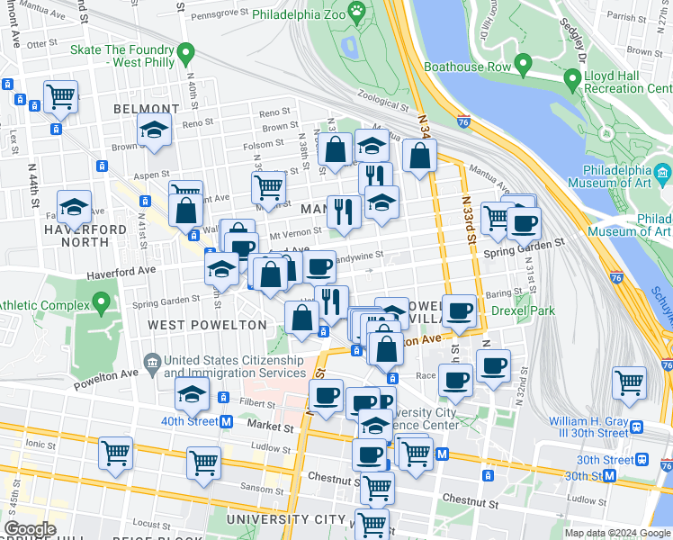 map of restaurants, bars, coffee shops, grocery stores, and more near in Philadelphia