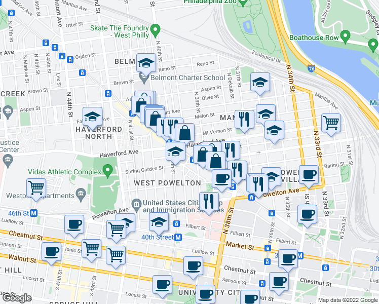 map of restaurants, bars, coffee shops, grocery stores, and more near 3933 Lancaster Avenue in Philadelphia