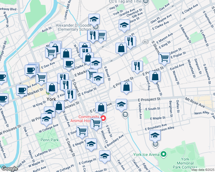 map of restaurants, bars, coffee shops, grocery stores, and more near 137 Edgar St in York