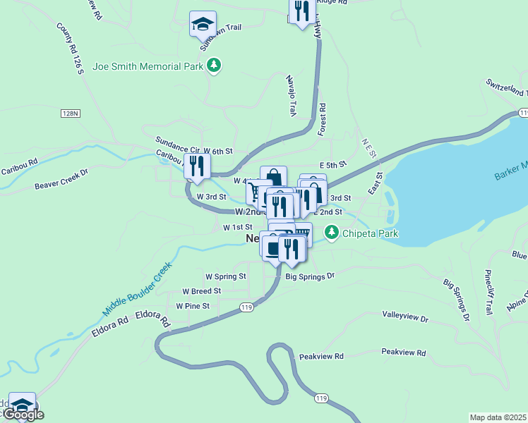 map of restaurants, bars, coffee shops, grocery stores, and more near 106 West 3rd Street in Nederland