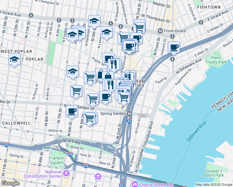 map of restaurants, bars, coffee shops, grocery stores, and more near 728 North Bodine Street in Philadelphia