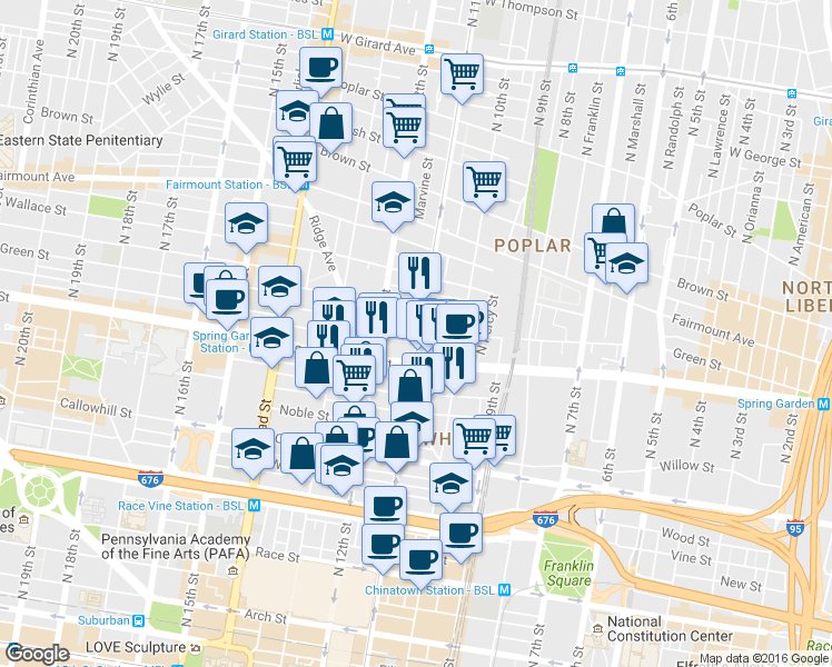 map of restaurants, bars, coffee shops, grocery stores, and more near 602 North 11th Street in Philadelphia