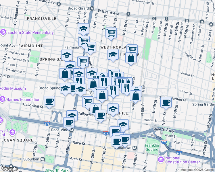 map of restaurants, bars, coffee shops, grocery stores, and more near in Philadelphia