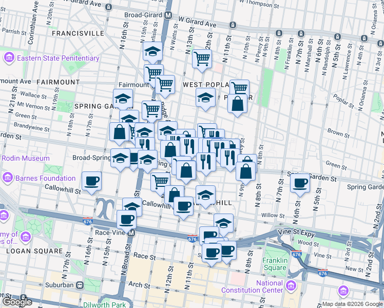 map of restaurants, bars, coffee shops, grocery stores, and more near in Philadelphia