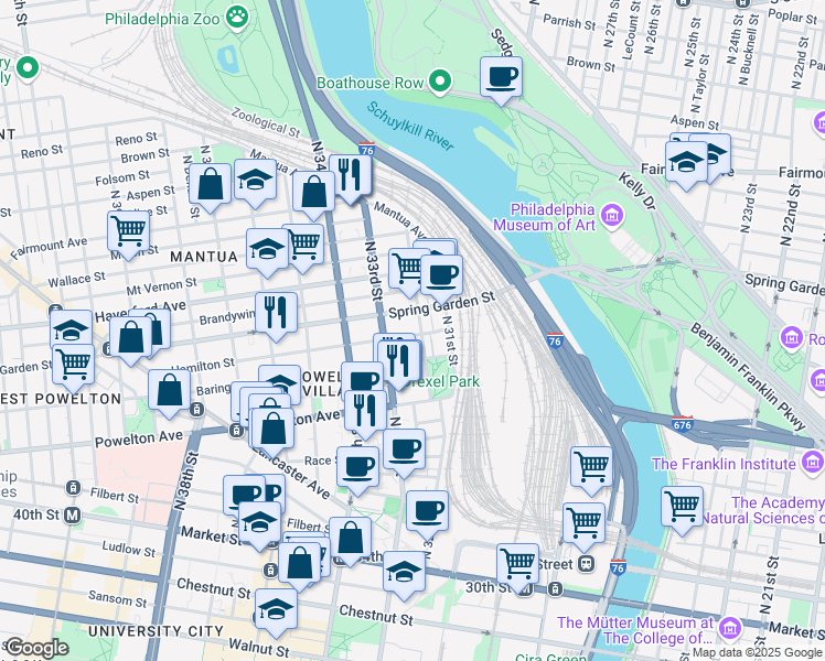 map of restaurants, bars, coffee shops, grocery stores, and more near 438 North 32nd Street in Philadelphia
