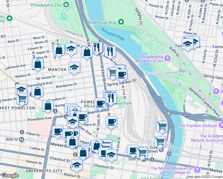 map of restaurants, bars, coffee shops, grocery stores, and more near 438 North 32nd Street in Philadelphia