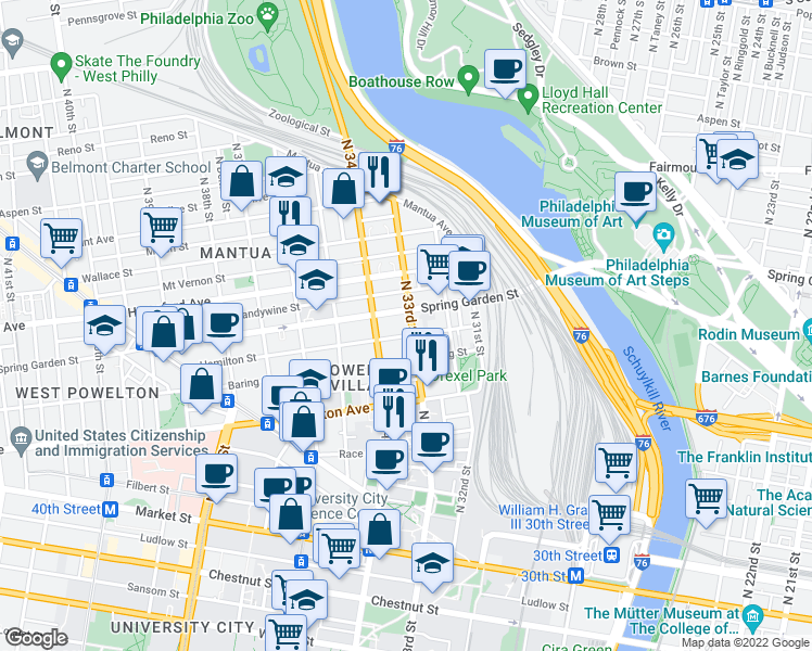map of restaurants, bars, coffee shops, grocery stores, and more near in Philadelphia