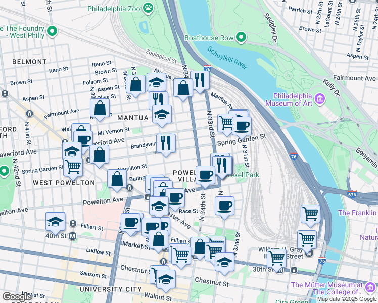 map of restaurants, bars, coffee shops, grocery stores, and more near 3410 Spring Garden Street in Philadelphia
