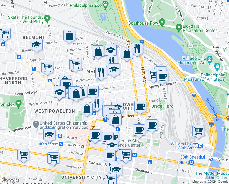 map of restaurants, bars, coffee shops, grocery stores, and more near in Philadelphia
