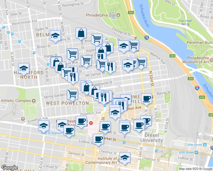 map of restaurants, bars, coffee shops, grocery stores, and more near 3713 Brandywine Street in Philadelphia