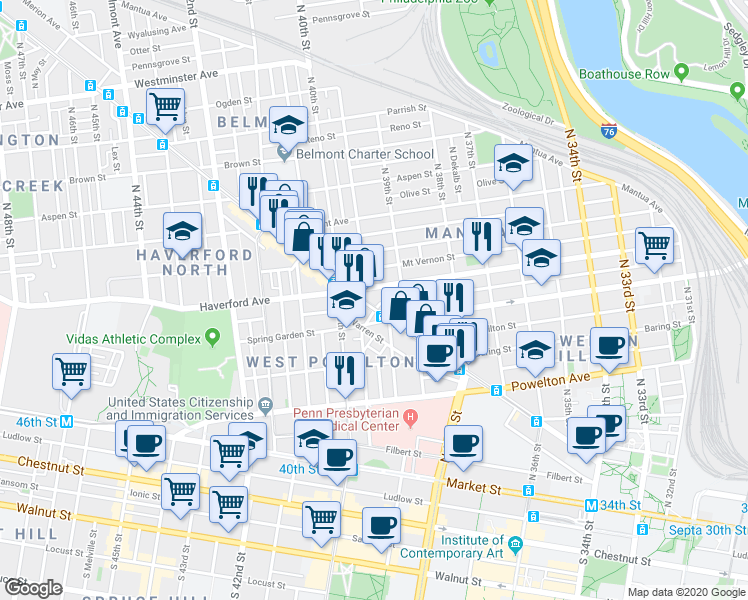map of restaurants, bars, coffee shops, grocery stores, and more near 3940 Haverford Avenue in Philadelphia
