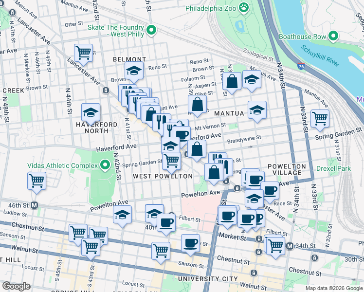 map of restaurants, bars, coffee shops, grocery stores, and more near 3940 Haverford Avenue in Philadelphia