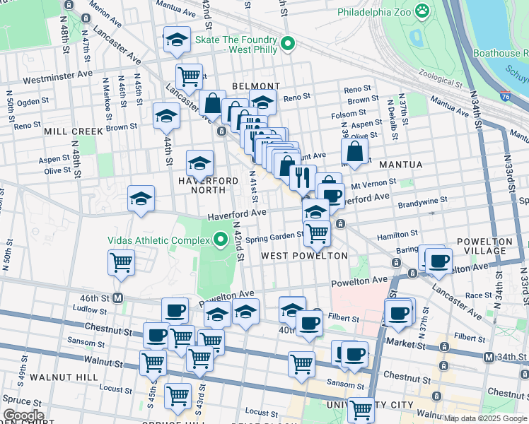 map of restaurants, bars, coffee shops, grocery stores, and more near 613A North 41st Street in Philadelphia
