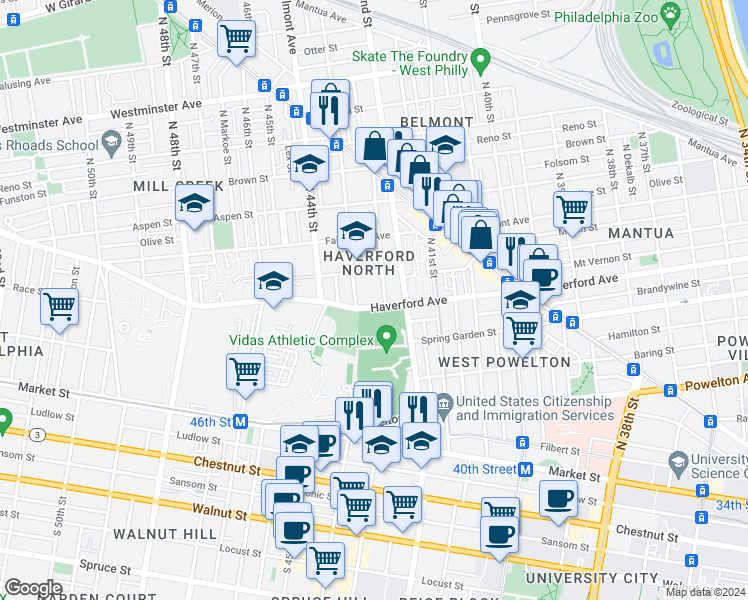 map of restaurants, bars, coffee shops, grocery stores, and more near 609-11 North 43rd Street in Philadelphia