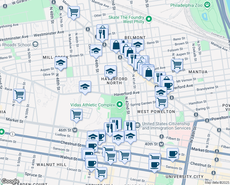 map of restaurants, bars, coffee shops, grocery stores, and more near 609-11 North 43rd Street in Philadelphia
