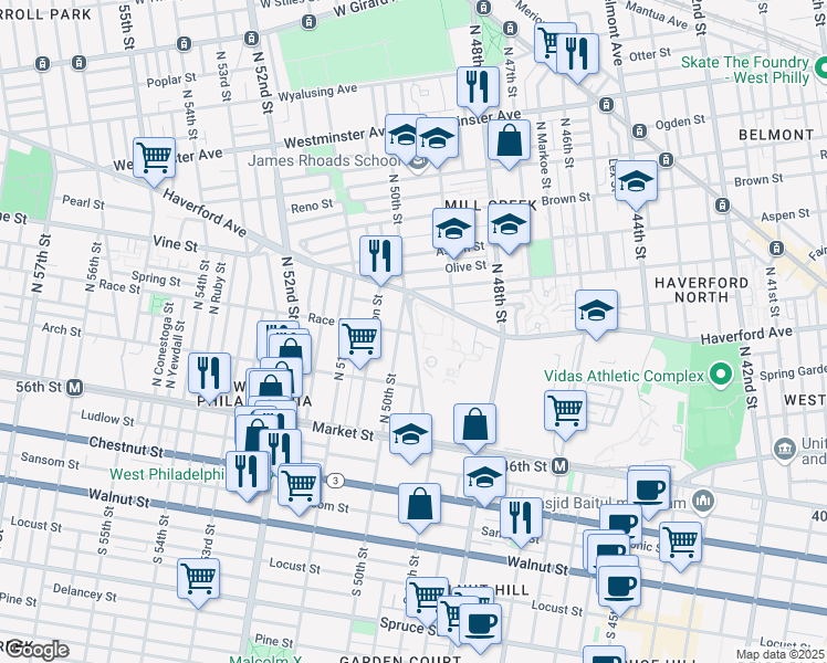 map of restaurants, bars, coffee shops, grocery stores, and more near 4905 Haverford Avenue in Philadelphia