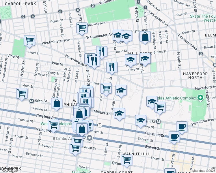 map of restaurants, bars, coffee shops, grocery stores, and more near 5031 Race Street in Philadelphia