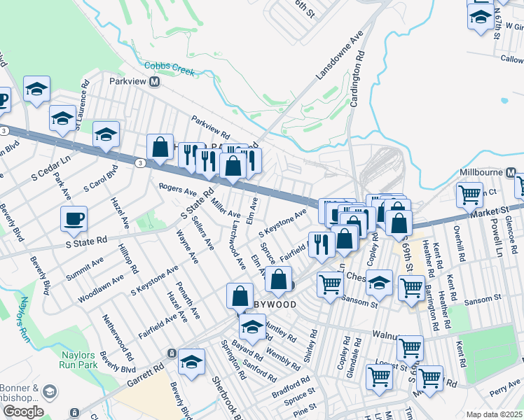 map of restaurants, bars, coffee shops, grocery stores, and more near 12 Winfield Avenue in Delaware County