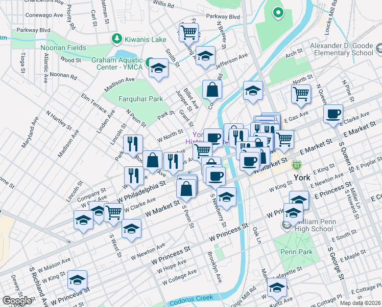 map of restaurants, bars, coffee shops, grocery stores, and more near 330 Smyser Street in York