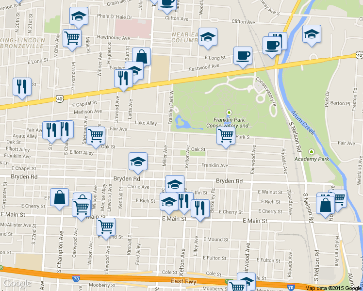 map of restaurants, bars, coffee shops, grocery stores, and more near 1541 Franklin Park West in Columbus
