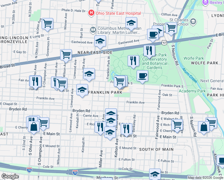 map of restaurants, bars, coffee shops, grocery stores, and more near 1541 Franklin Park West in Columbus