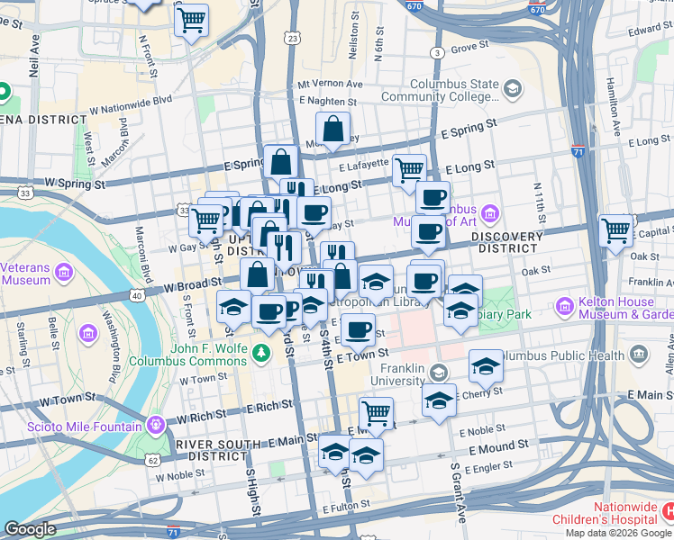 map of restaurants, bars, coffee shops, grocery stores, and more near 209 East Broad Street in Columbus