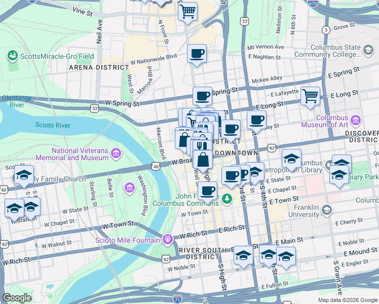 map of restaurants, bars, coffee shops, grocery stores, and more near in Columbus
