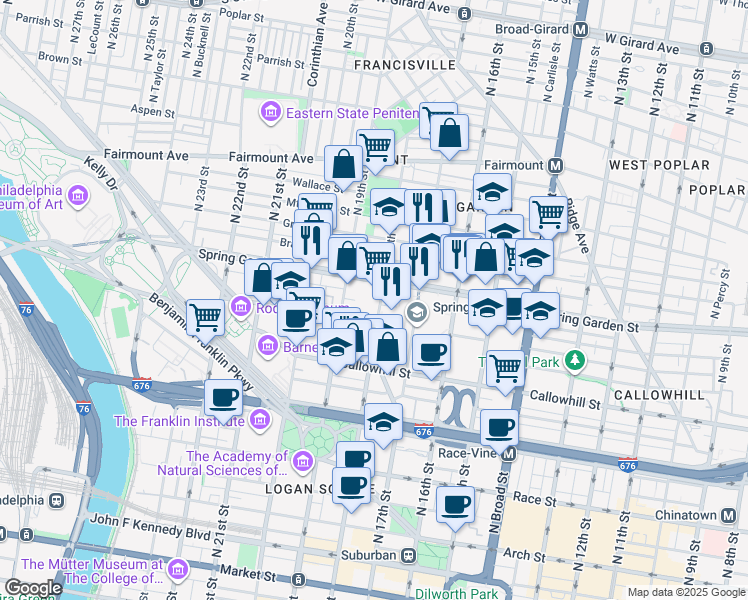 map of restaurants, bars, coffee shops, grocery stores, and more near 500 North 18th Street in Philadelphia