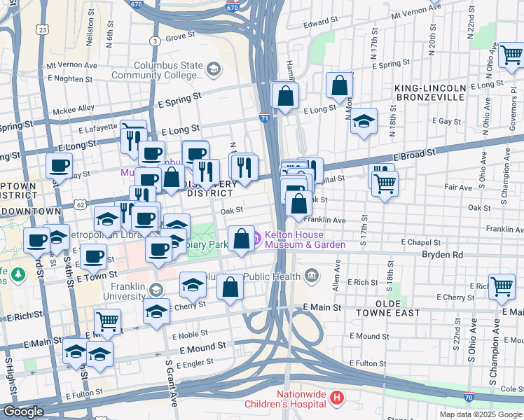 map of restaurants, bars, coffee shops, grocery stores, and more near 602 Oak Street in Columbus