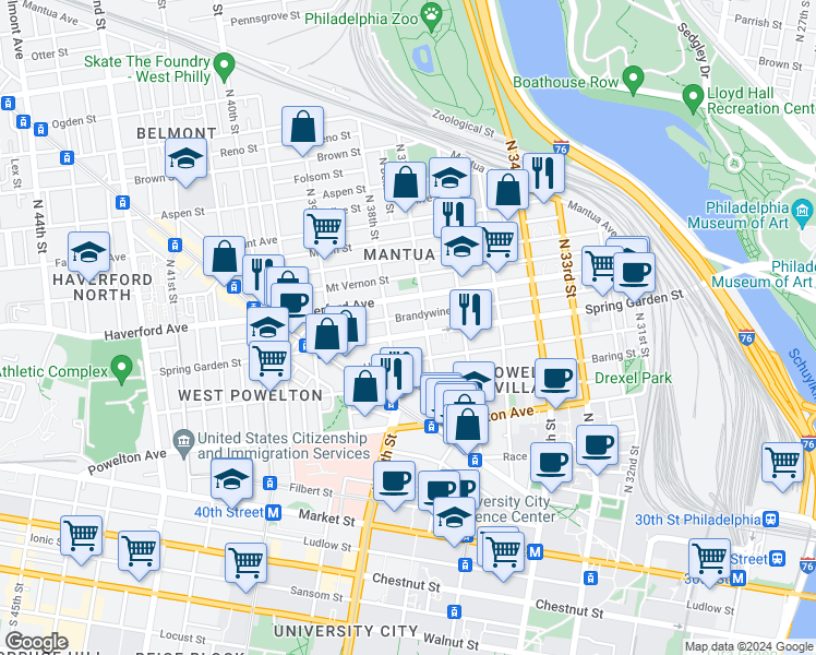 map of restaurants, bars, coffee shops, grocery stores, and more near 3713 Spring Garden Street in Philadelphia