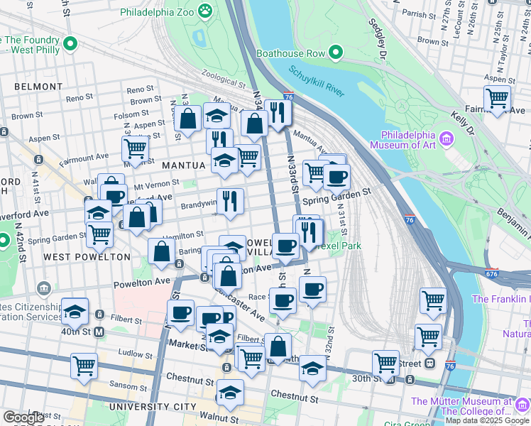 map of restaurants, bars, coffee shops, grocery stores, and more near 3406 Spring Garden Street in Philadelphia