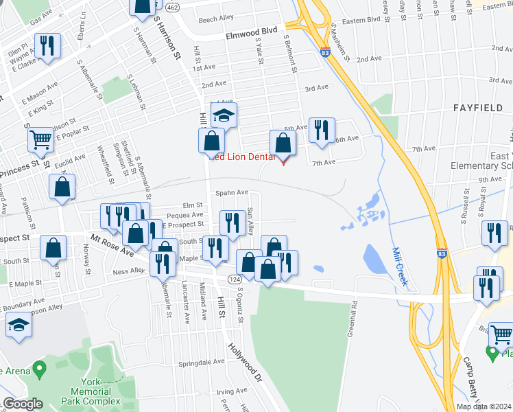 map of restaurants, bars, coffee shops, grocery stores, and more near 474 South Yale Street in York