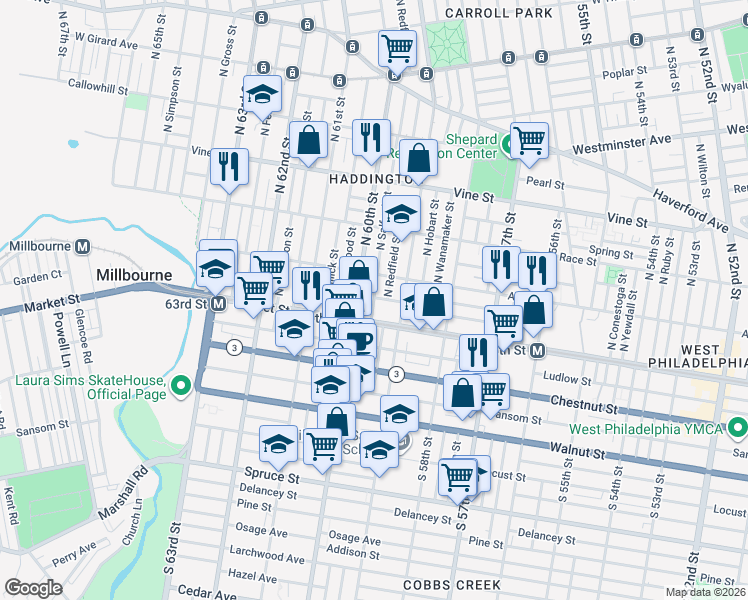 map of restaurants, bars, coffee shops, grocery stores, and more near 27 North Salford Street in Philadelphia