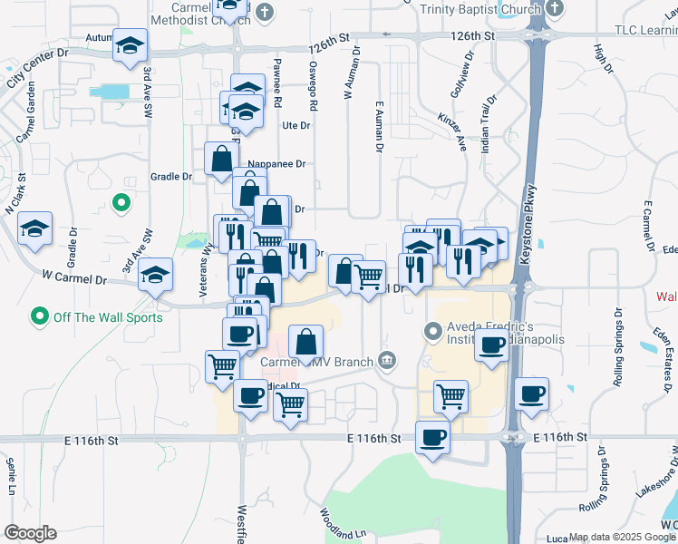map of restaurants, bars, coffee shops, grocery stores, and more near 240 East Carmel Drive in Carmel