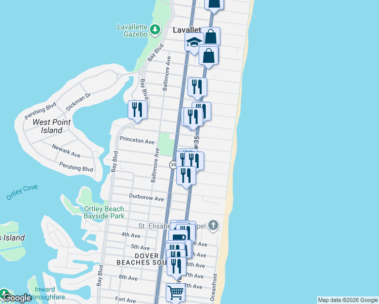 map of restaurants, bars, coffee shops, grocery stores, and more near 2007 Grand Central Avenue in Lavallette