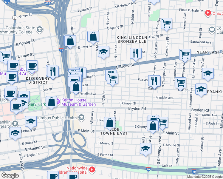 map of restaurants, bars, coffee shops, grocery stores, and more near 875 Oak Street in Columbus