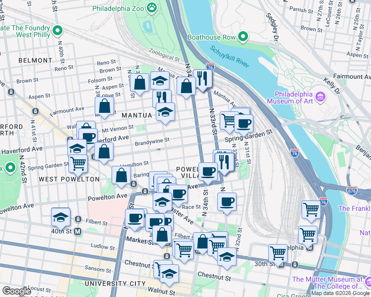 map of restaurants, bars, coffee shops, grocery stores, and more near 3409 Spring Garden Street in Philadelphia