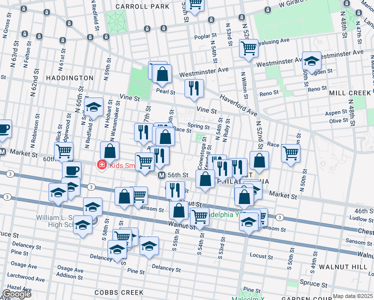 map of restaurants, bars, coffee shops, grocery stores, and more near 108 North 55th Street in Philadelphia