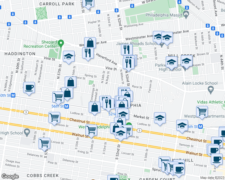 map of restaurants, bars, coffee shops, grocery stores, and more near 132 North 53rd Street in Philadelphia