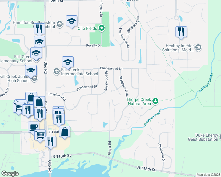 map of restaurants, bars, coffee shops, grocery stores, and more near 11935 Royalwood Drive in Fishers