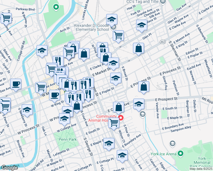 map of restaurants, bars, coffee shops, grocery stores, and more near 256 East King Street in York