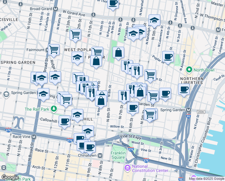 map of restaurants, bars, coffee shops, grocery stores, and more near 531 Perth Place in Philadelphia