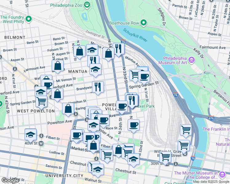 map of restaurants, bars, coffee shops, grocery stores, and more near 430 North 34th Street in Philadelphia