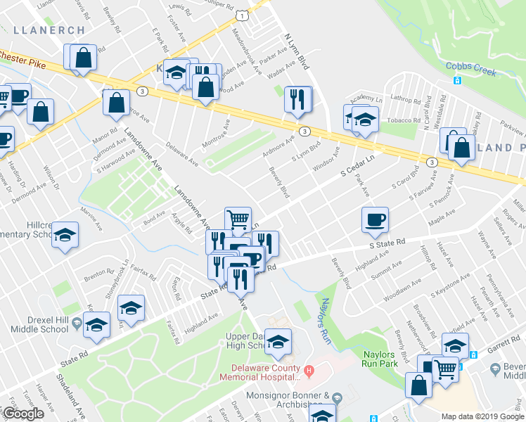 map of restaurants, bars, coffee shops, grocery stores, and more near 8021 Arlington Avenue in Upper Darby