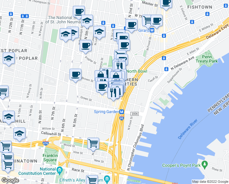 map of restaurants, bars, coffee shops, grocery stores, and more near 722 North 2nd Street in Philadelphia