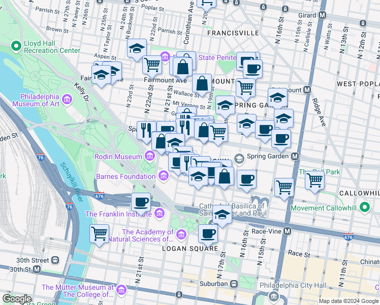 map of restaurants, bars, coffee shops, grocery stores, and more near 63 Hamilton Circle in Philadelphia