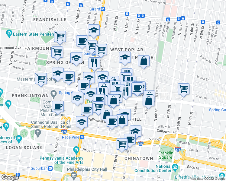 map of restaurants, bars, coffee shops, grocery stores, and more near in Philadelphia