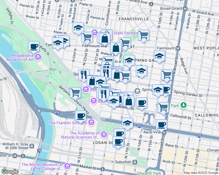map of restaurants, bars, coffee shops, grocery stores, and more near 61 Hamilton Circle in Philadelphia