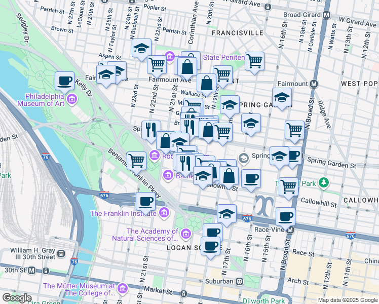 map of restaurants, bars, coffee shops, grocery stores, and more near 511 North 20th Street in Philadelphia